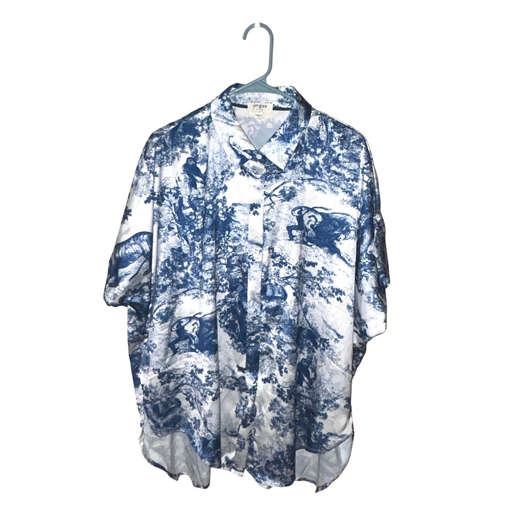 Umgee Blue White Toile Animal Print Button Up Shirt Short Sleeve K8329 Large